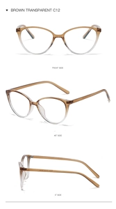 Multiple views of brown transparent cat eye glasses frames with blue light blocking lens