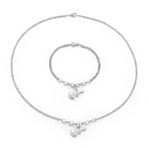 Silver stainless steel double layer necklace and bracelet set with guitar pendants