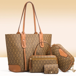 Fashion brown 4-piece tote bag set with circular pattern and top handles