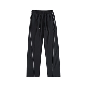 Men's ice silk straight-leg trousers with side stripes and adjustable drawstring waist