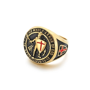 Men's gold steel signet ring with knight shield and Put On The Whole Armor Of God scripture