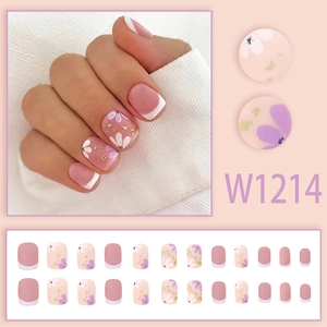 Matte floral French press-on nails set with 24 pieces including lavender flower designs