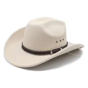 Detail of oatmeal felt cowboy hat with brown leather band and silver buckle accents