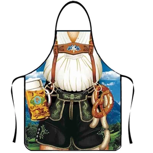 Detail of Bavarian Oktoberfest apron featuring traditional Lederhosen and beer illustration
