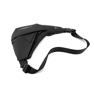Detail of waterproof matte black chest bag showing zipper pocket and buckle strap