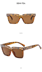 Detailed views of demi-tea square sunglasses with crystal rhinestones on the frame