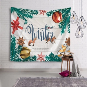 Wandteppich mit Winter-Thema, blauer Fuchs-Illustration und festlichen Weihnachtselementen