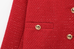 Detailed view of red tweed jacket with gold metal buttons and premium woven texture