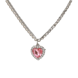 Pink heart crystal pendant necklace with sparkling diamonds and silver tennis chain