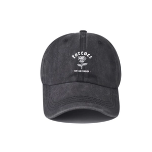 Washed cotton baseball cap with rose embroidery and forever gothic text design