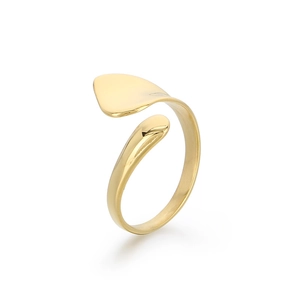 Minimalist 18K gold plated stainless steel open ring with leaf-shaped end on white background