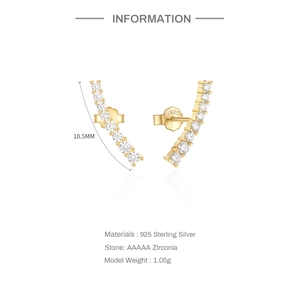 Detailed spec view of S925 sterling silver curved stud earrings with 5A zirconia stones