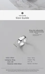 Size guide for S925 sterling silver minimalist wide ring with adjustable opening feature
