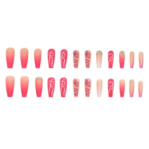 Long ballet gradient press-on nails with pink hearts, rhinestones, and letters