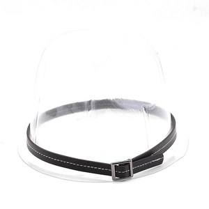 Detail of faux leather hat band with silver buckle and white contrast stitching on a mold