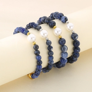 Blue sodalite and volcanic stone beaded necklace with pearl detail and OT clasp