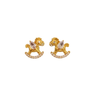 24k gold-plated rocking horse earrings with sparkling zircons on a white background