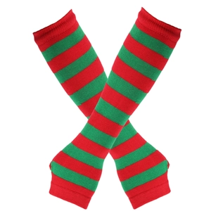 Detail of red and green striped knit arm warmers with thumb holes on white background