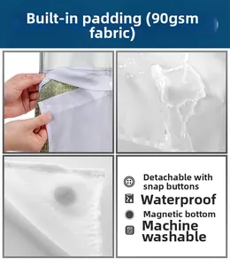 Waterproof white polyester shower curtain liner with snap-off design and weighted magnets
