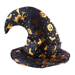 Classic black witch hat with golden pumpkin and bat prints for Halloween parties