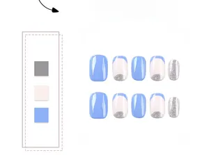 Detail of short square-oval press-on nails with blue French tips and silver glitter