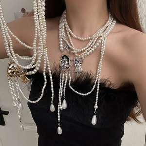 Retro Multi Layered Artificial Pearl Necklace Alloy Angel Cupid Pendant Long Tassel Baroque Aesthetic Jewelry