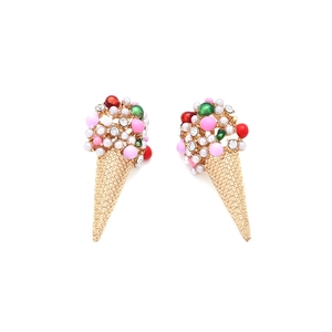 Detailed view of colorful ice cream cone earrings with pearls and crystals