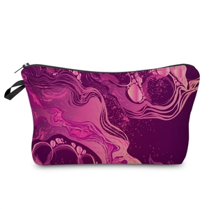 Portable marble pattern makeup bag with purple abstract wave design and black zipper