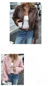 Close-up of 100% polyester brown faux fur coat texture and casual outerwear design