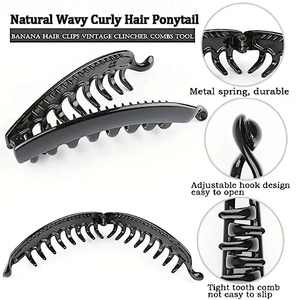 Minimalist black banana clip with durable metal spring and non-slip teeth for ponytail
