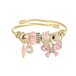 Golden stainless steel spiral bracelet with butterfly charm and pink crystal beads