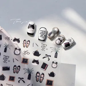 Detail of TS-4007 black cat embossed nail stickers with hand-drawn retro illustrations