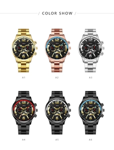 Variété de montres à quartz pour hommes avec bracelet en acier et cadrans trois yeux en 6 tons