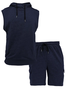 Detail of dark blue acid wash sleeveless hoodie and matching sports shorts set