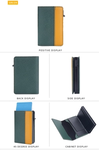 Macro view of green crossgrain leather RFID card holder showing multiple angles and slots