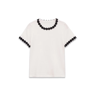 Slim fit white short sleeve T-shirt with black floral 3D trim on neck and cuffs