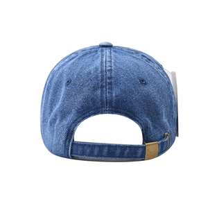 Detailed back view of a washed blue denim baseball cap with an adjustable strap buckle