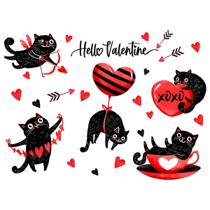 Valentine Black Cat heart window stickers featuring Cupid cat and XOXO heart designs