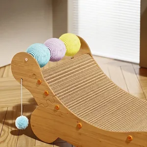 Vertical wave cat scratcher lounger with wood frame and sisal balls for indoor play