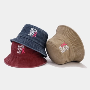 Chapeau Bob En Coton Lavé Brodé Never Give Up Ruban Rose Protection Solaire Extérieur Décontracté Femme
