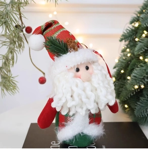 Close-up of Santa Claus plush doll with soft textures and warm festive holiday lighting