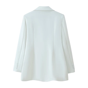 Rear view of a white lapel long sleeve blazer showing smooth woven fabric texture