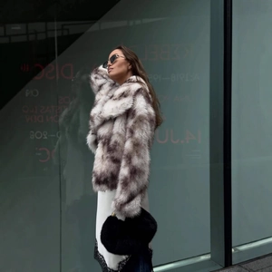 Chic tricolor faux fur short coat with luxury lace dress and plush handbag outfit