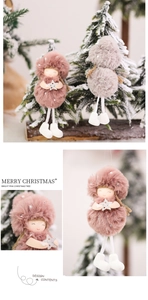 Detailed close-up of plush Christmas angel ornaments with sequins and soft faux fur texture