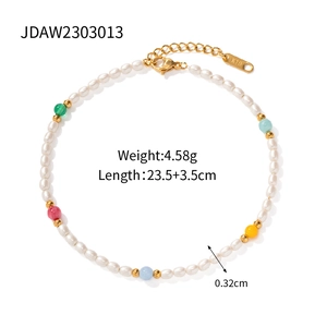 Retro 18K gold cross pearl anklet for women with colorful beads and lobster clasp
