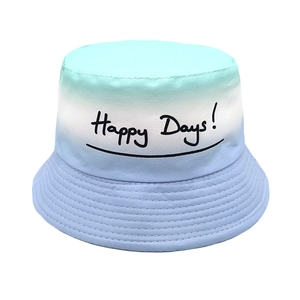 Detail of blue-green gradient kids bucket hat featuring Happy Days text and neat stitching
