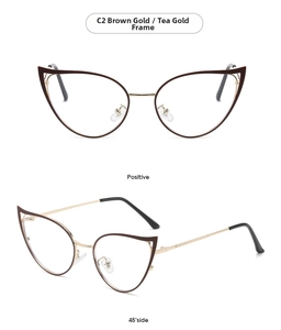 Detailed views of brown gold cat-eye glasses with metal temples and hollow frames