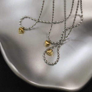 Heart Pendant Necklace Titanium Stainless Steel Two Tone Gold Silver Ball Chain Dual Texture Polished Brushed Chic Jewelry