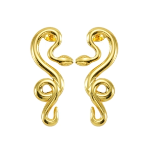 Macro shot of gold-plated stainless steel snake earrings with polished finish and snake curves