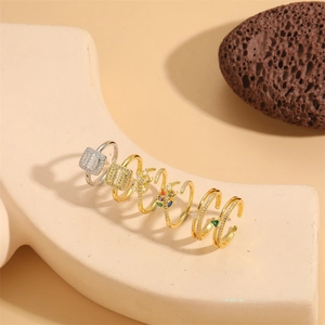 Anello Aperto Regolabile in Rame con Zirconia Colorata Spiga di Grano Geometrico Triangolo per Donna Placcato Oro 14K